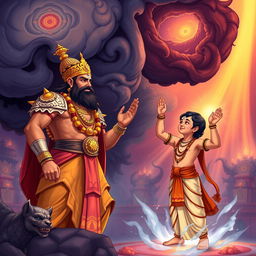 A vivid illustration of King Hiranyakashyap and his son Prahlad in a grand setting, both engaging in a heartfelt prayer to Lord Vishnu