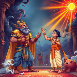 A vivid illustration of King Hiranyakashyap and his son Prahlad in a grand setting, both engaging in a heartfelt prayer to Lord Vishnu
