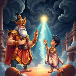 A vivid illustration of King Hiranyakashyap and his son Prahlad in a grand setting, both engaging in a heartfelt prayer to Lord Vishnu