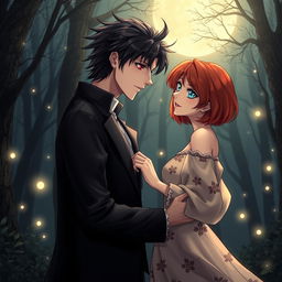 A captivating anime-style cover featuring a female human with shoulder-length auburn hair and sparkling blue eyes, dressed in a flowing, stylish dress with floral patterns