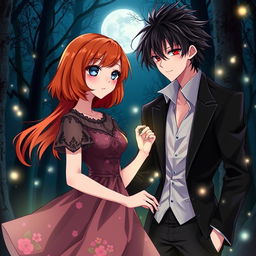 A captivating anime-style cover featuring a female human with shoulder-length auburn hair and sparkling blue eyes, dressed in a flowing, stylish dress with floral patterns
