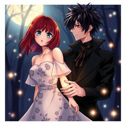A captivating anime-style cover featuring a female human with shoulder-length auburn hair and sparkling blue eyes, dressed in a flowing, stylish dress with floral patterns