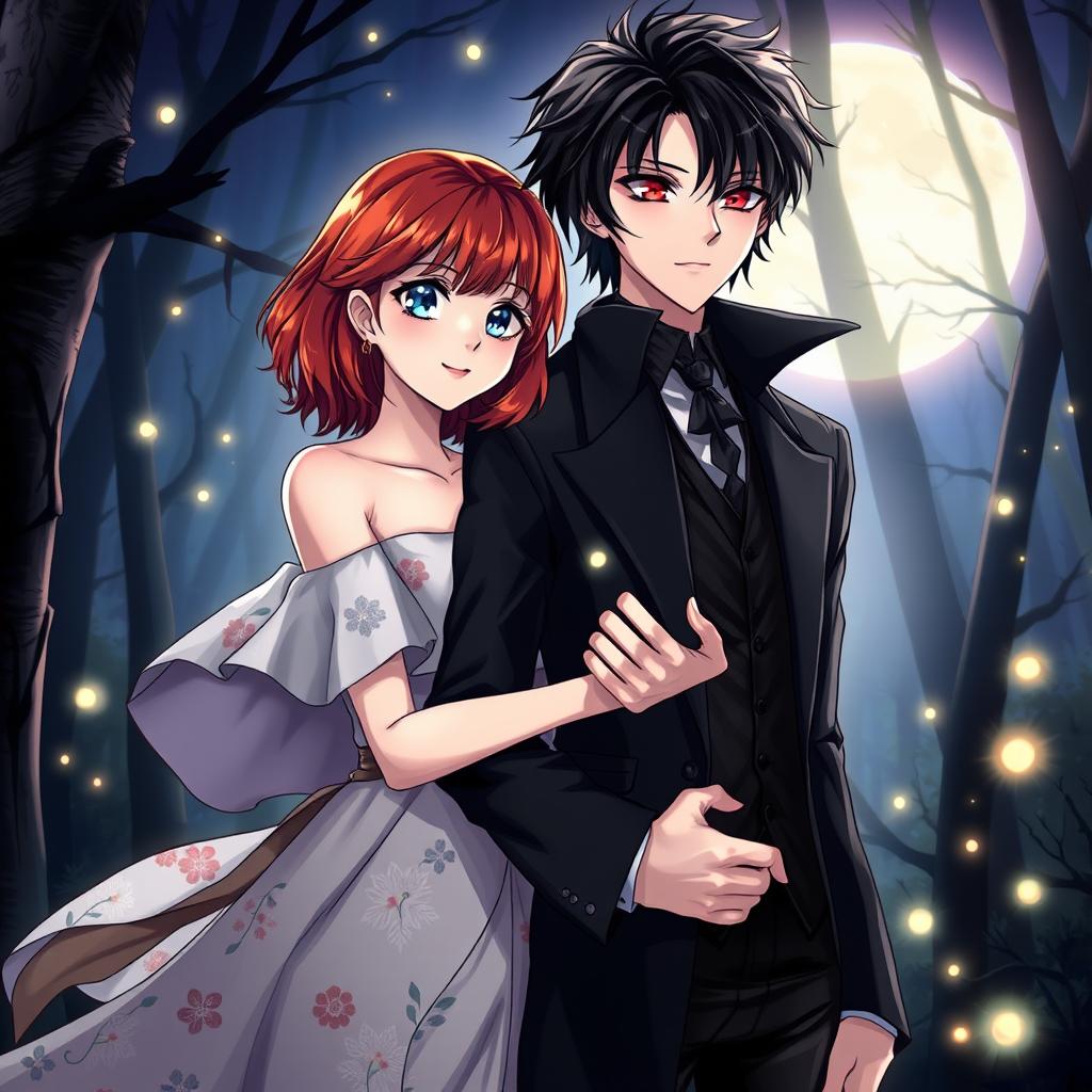 A captivating anime-style cover featuring a female human with shoulder-length auburn hair and sparkling blue eyes, dressed in a flowing, stylish dress with floral patterns