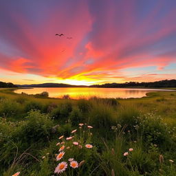 A stunning outdoor landscape captured with an iPhone 12, featuring a vibrant sunset casting warm hues across the sky