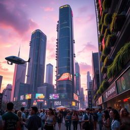 A futuristic city skyline at dusk, featuring towering neon-lit skyscrapers with glimmering glass windows