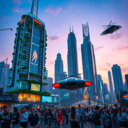A futuristic city skyline at dusk, featuring towering neon-lit skyscrapers with glimmering glass windows