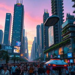 A futuristic city skyline at dusk, featuring towering neon-lit skyscrapers with glimmering glass windows