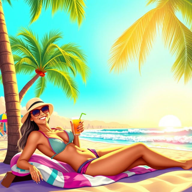 A vibrant and colorful digital art piece depicting a playful and suggestive beach scene