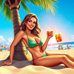 A vibrant and colorful digital art piece depicting a playful and suggestive beach scene