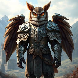A tall anthropomorphic owl character, standing confidently in heavy, intricately designed plate armor that gleams in the light