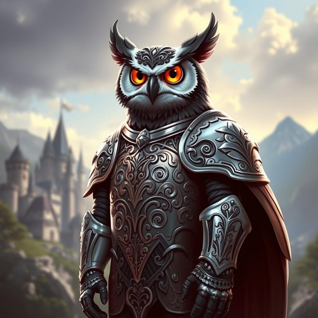A tall anthropomorphic owl character, standing confidently in heavy, intricately designed plate armor that gleams in the light