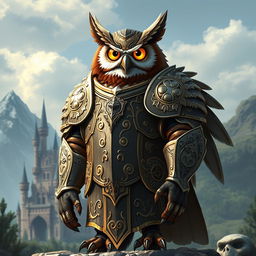 A tall anthropomorphic owl character, standing confidently in heavy, intricately designed plate armor that gleams in the light