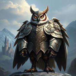 A tall anthropomorphic owl character, standing confidently in heavy, intricately designed plate armor that gleams in the light