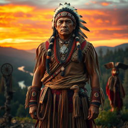 A dramatic and engaging portrayal of a Native American figure dressed in traditional attire, showcasing strength and resilience