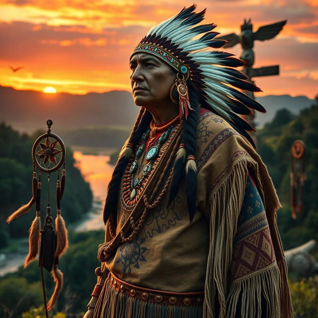 A dramatic and engaging portrayal of a Native American figure dressed in traditional attire, showcasing strength and resilience