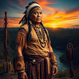 A dramatic and engaging portrayal of a Native American figure dressed in traditional attire, showcasing strength and resilience