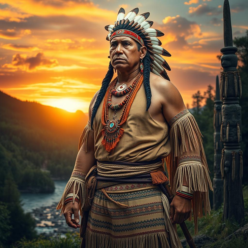 A dramatic and engaging portrayal of a Native American figure dressed in traditional attire, showcasing strength and resilience