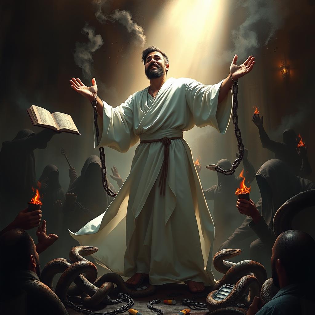 A powerful and inspirational scene depicting a strong man of God passionately sharing the Word of God amidst a chaotic environment filled with symbols of evil such as snakes and drugs