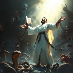 A powerful and inspirational scene depicting a strong man of God passionately sharing the Word of God amidst a chaotic environment filled with symbols of evil such as snakes and drugs