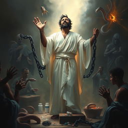 A powerful and inspirational scene depicting a strong man of God passionately sharing the Word of God amidst a chaotic environment filled with symbols of evil such as snakes and drugs