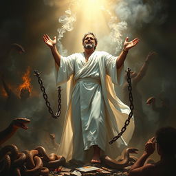 A powerful and inspirational scene depicting a strong man of God passionately sharing the Word of God amidst a chaotic environment filled with symbols of evil such as snakes and drugs