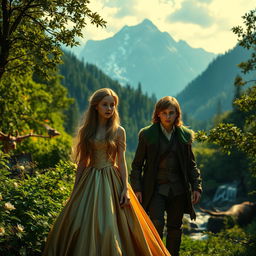 A stunning, cinematic trailer scene from 'Narnia 4: The Silver Chair', featuring a magical realm with lush green forests, majestic mountains in the background, and mystical creatures scattered throughout