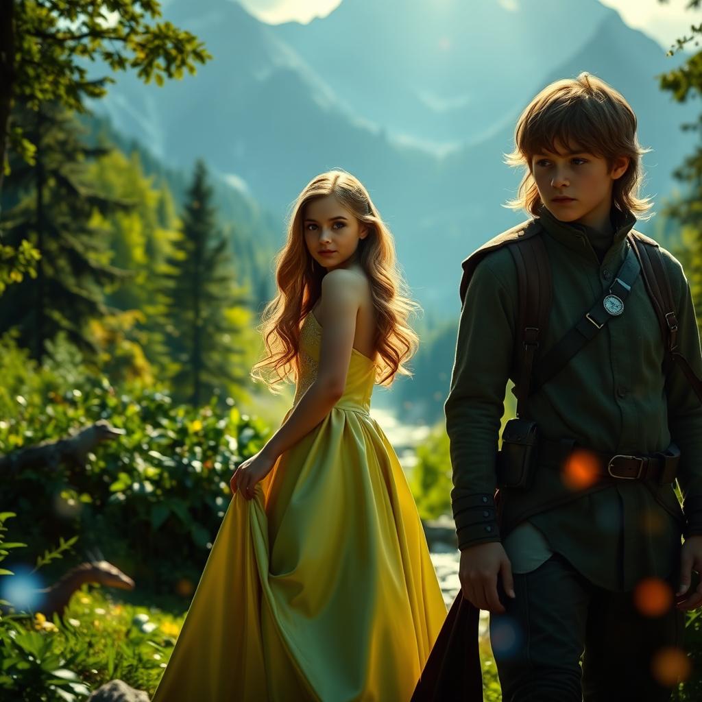 A stunning, cinematic trailer scene from 'Narnia 4: The Silver Chair', featuring a magical realm with lush green forests, majestic mountains in the background, and mystical creatures scattered throughout