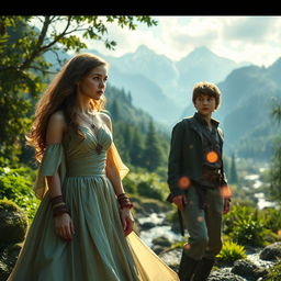 A stunning, cinematic trailer scene from 'Narnia 4: The Silver Chair', featuring a magical realm with lush green forests, majestic mountains in the background, and mystical creatures scattered throughout
