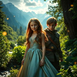 A stunning, cinematic trailer scene from 'Narnia 4: The Silver Chair', featuring a magical realm with lush green forests, majestic mountains in the background, and mystical creatures scattered throughout