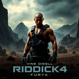 A cinematic poster for 'Riddick 4: Furya' featuring Vin Diesel as Riddick