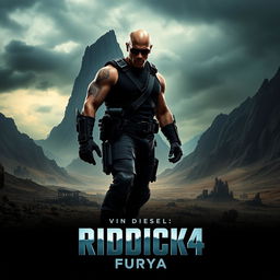 A cinematic poster for 'Riddick 4: Furya' featuring Vin Diesel as Riddick