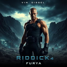 A cinematic poster for 'Riddick 4: Furya' featuring Vin Diesel as Riddick