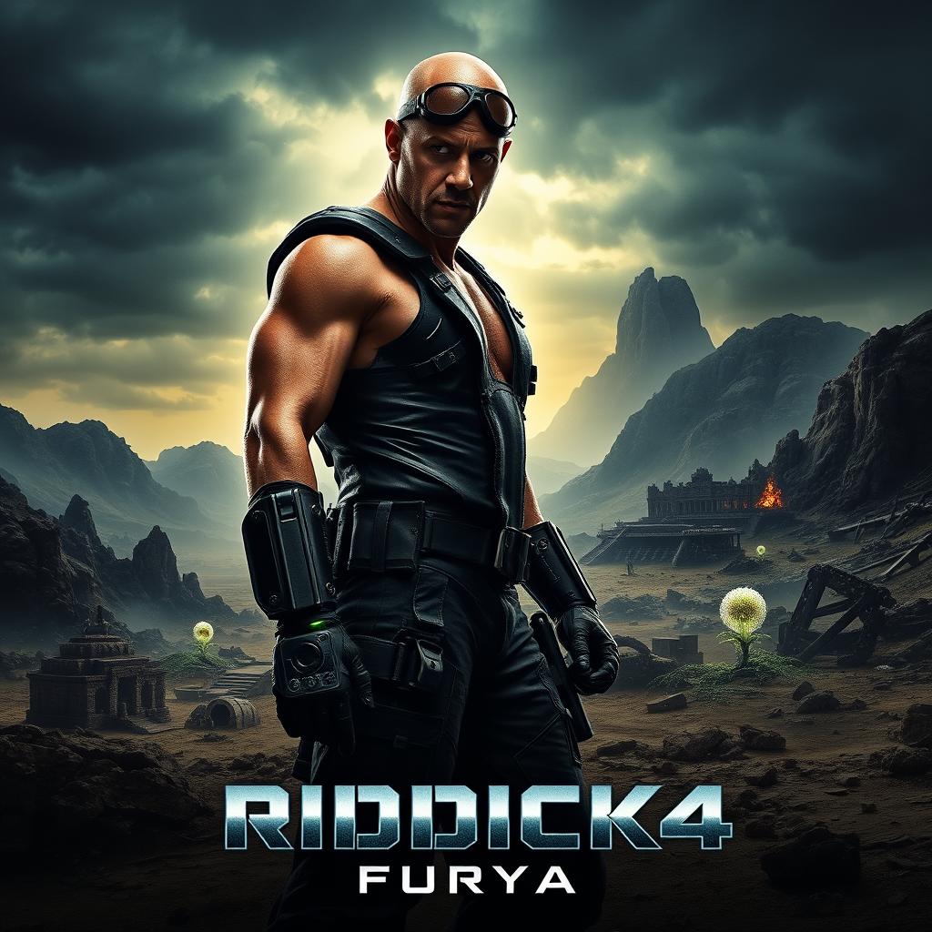 A cinematic poster for 'Riddick 4: Furya' featuring Vin Diesel as Riddick