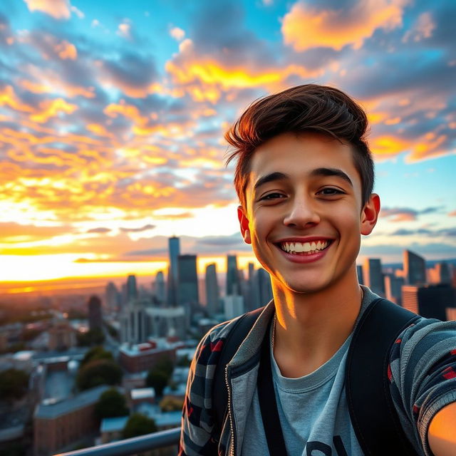 A vibrant and cheerful selfie featuring a young adult with a stunning backdrop of a city skyline during sunset