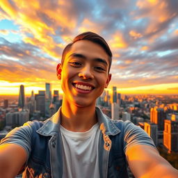 A vibrant and cheerful selfie featuring a young adult with a stunning backdrop of a city skyline during sunset