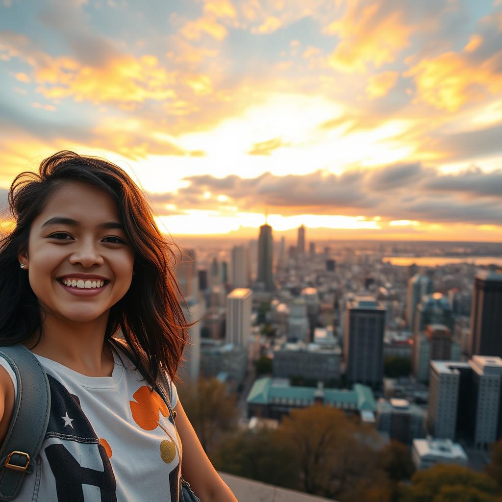 A vibrant and cheerful selfie featuring a young adult with a stunning backdrop of a city skyline during sunset