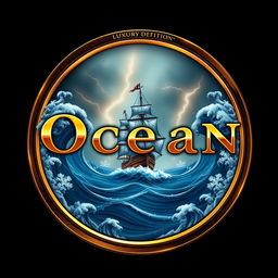 A luxurious, high-definition circular logo featuring the name "Ocean" prominently displayed in clear gold lettering