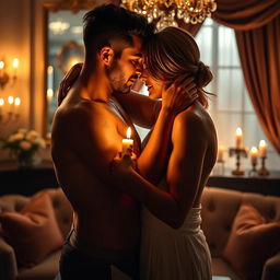 A dramatic and passionate scene depicting two adults embracing in a loving relationship, surrounded by soft candlelight and a beautiful, romantic setting