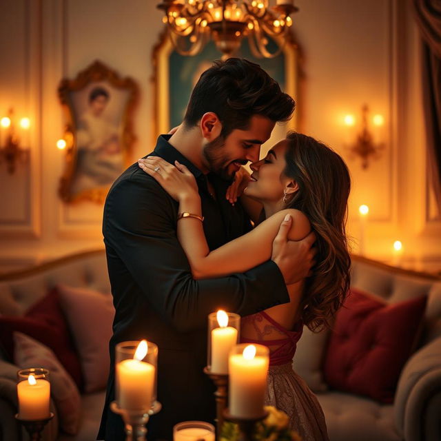 A dramatic and passionate scene depicting two adults embracing in a loving relationship, surrounded by soft candlelight and a beautiful, romantic setting