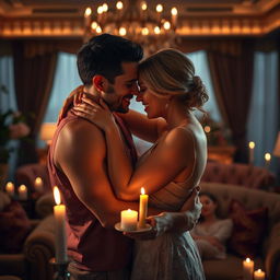 A dramatic and passionate scene depicting two adults embracing in a loving relationship, surrounded by soft candlelight and a beautiful, romantic setting
