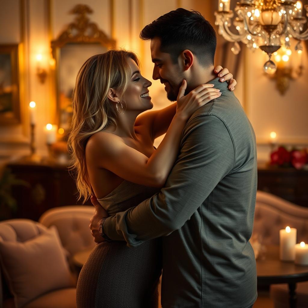 A dramatic and passionate scene depicting two adults embracing in a loving relationship, surrounded by soft candlelight and a beautiful, romantic setting