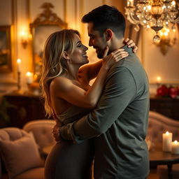 A dramatic and passionate scene depicting two adults embracing in a loving relationship, surrounded by soft candlelight and a beautiful, romantic setting