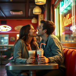 A lively scene depicting a couple engaged in an intimate, romantic moment in the twilight of a classic American diner