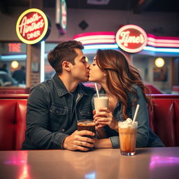 A lively scene depicting a couple engaged in an intimate, romantic moment in the twilight of a classic American diner