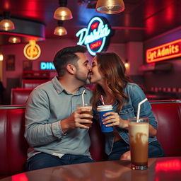 A lively scene depicting a couple engaged in an intimate, romantic moment in the twilight of a classic American diner