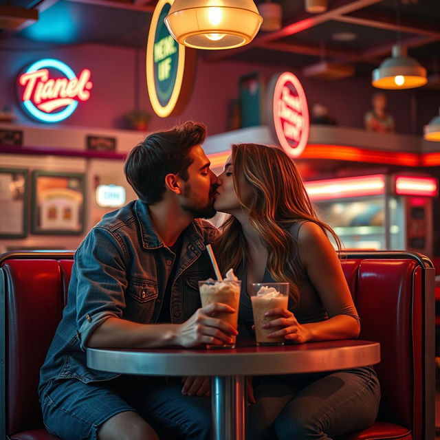 A lively scene depicting a couple engaged in an intimate, romantic moment in the twilight of a classic American diner