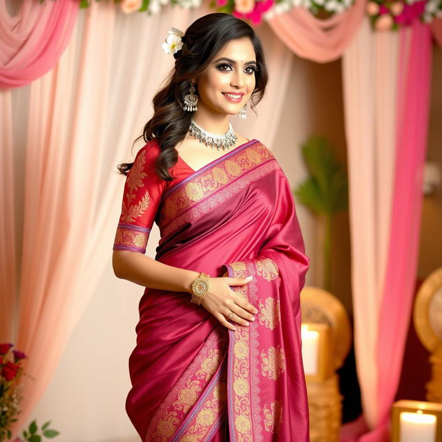 A beautiful woman wearing a traditional saree showcasing intricate embroidery and vibrant colors, paired with a stylish blouse