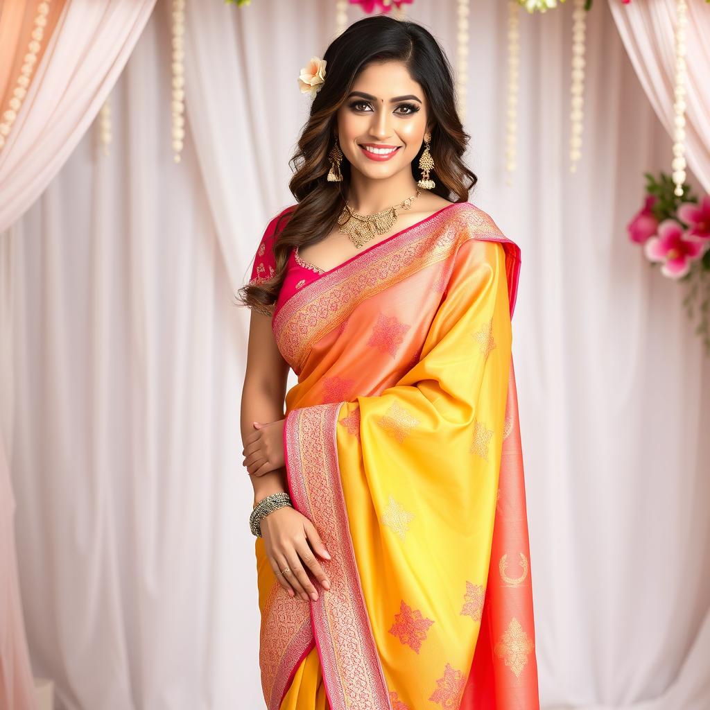 A beautiful woman wearing a traditional saree showcasing intricate embroidery and vibrant colors, paired with a stylish blouse