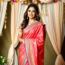 A beautiful woman wearing a traditional saree showcasing intricate embroidery and vibrant colors, paired with a stylish blouse