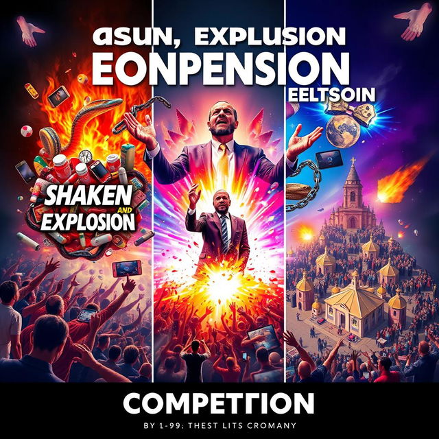 A vivid and dynamic poster for a competition titled 'Shaken, Explosion, and Expansion'